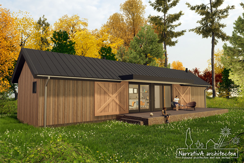 Ontwerp van een vrijstaand woonhuis in Oosterwold, hier is de achtergevel en zijkant afgebeeld